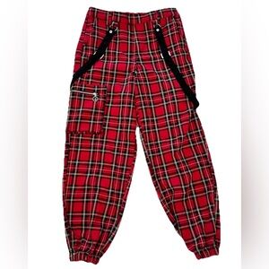 Hot Topic Black Red Plaid Cargo Pants Jogger With Suspenders Womens Size 5